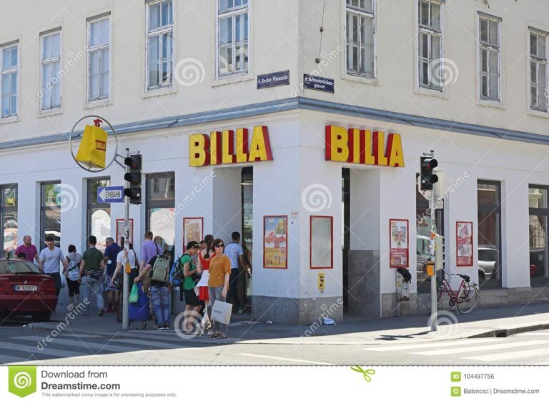 vienna austria july shoppers front corner market billa shop vienna austria billa shop vienna 104497756